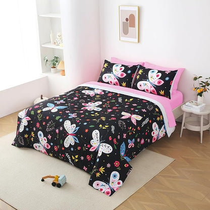 Girls Butterfly Comforter Set Twin Size Black 7 Piece Bed in A Bag Colorful Flowers Leaves Bedding Set for Kids Teens Super Soft All Season