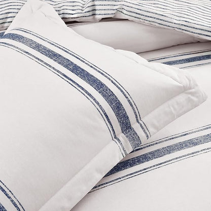 Lush Decor Farmhouse Stripe Reversible Cotton Comforter Set, 3 Piece Set, California King, Navy - Cozy Farmhouse Bedding Set - Rustic Decor - Striped Comforter - Modern Farmhouse Bedroom Decor