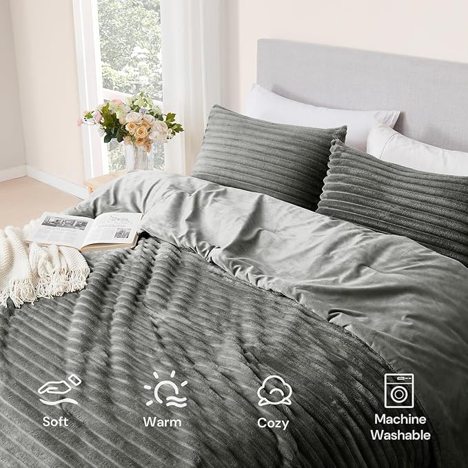 Geniospin Fleece Queen Comforter Set, Soft Fuzzy Queen Bedding Sets, 3-Pieces Gray Comforter Set for All Season, Warm Fluffy Comforter with 2 Pillow Cases