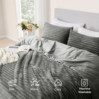 Geniospin Fleece King Size Comforter Set, Soft Fuzzy Fleece King Bedding Set, 3-Pieces Grey Comforter Set for All Season, Warm Fluffy Comforter with 2 Pillow Cases