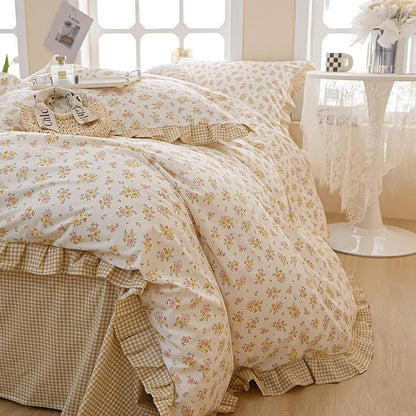 MKXI King Size Pink & Yellow Floral Ruffled Comforter Set - 3 Piece Cottagecore Style Reversible Bed Set with Beige Plaid Pattern, Soft Aesthetic Bedding Set for Girls Wome
