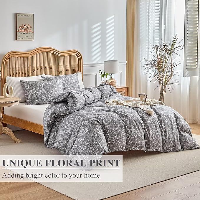 Queen Comforter Set 3 Pieces Grey Floral Botanical Patterned Rustic Cottagecore 90"X90" Bedding Set for All Season Prewashed Soft Breathable Warm 1 Comforter and 2 Pillowcases Bed Sets