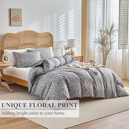 Queen Comforter Set 3 Pieces Grey Floral Botanical Patterned Rustic Cottagecore 90"X90" Bedding Set for All Season Prewashed Soft Breathable Warm 1 Comforter and 2 Pillowcases Bed Sets