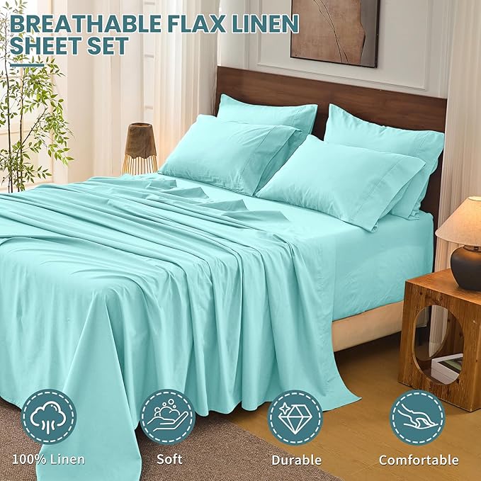 Bedlifes 100% French Linen Sheets California King Size 18-24" Extra Deep Pocket 4-Piece Set Breathable & Moisture-Wicking,Soft & Durable Sheets for Thick Mattresses(Teal)