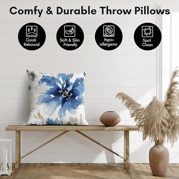 Americanflat 20x20 Throw Pillow with Sewn-in Insert - All-in-One Decorative Pillows - No Cover Needed - Soft and Durable Cushion for Bed or Sofa - Polyester - White and Indigo