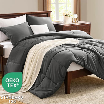CozyLux King Size Comforter Set - Dark Grey Comforter King Size, 3 Pieces Box Stitched Bed Set for All Seasons, Soft Lightweight Bedding Sets with 1 Down Alternative Comforter and 2 Pillow Shams