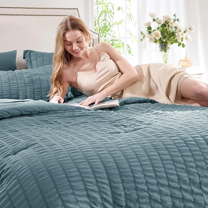 CozyLux King Size Comforter Set Mineral Blue Seersucker 7 Pieces Bed in a Bag King Comforter Set with Sheets, Luxury Bedding Set with Down Alternative Comforter, Sheets, Pillowcases & Shams All Season