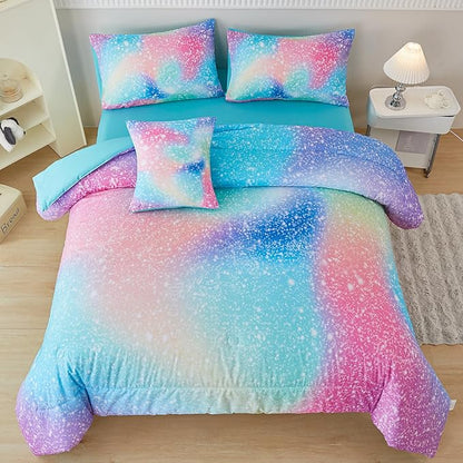 PERFEMET Pink Green Girls Twin Comforter Set, 6 Pieces Colorful Rainbow Kids Bedding Sets, Tie Dye Ombre Glitter Bed in A Bag Comforter Set with Sheets