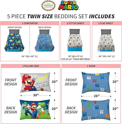 Super Mario Bros Kids Bedding Super Soft Cozy Reversible Comforter and Sheet Set with Sham, 5 Piece Twin Size Nintendo Gamer Bed Set, (100% Officially Licensed Product) by Franco