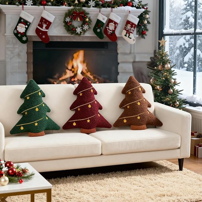 Artmag Christmas Pillow, Decorative Christmas Tree Pillow Stuffed Tree Shaped Embroidered Star Ball Bedroom Xmas Plush for Party Home Decorations 15.5" x 14.5" Brown