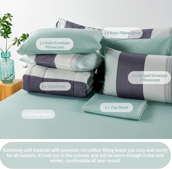 RYNGHIPY Sage Green Striped Comforter Set, Geometric Lightweight Soft Bedding Set, All Season Down Alternative Men Boy Comforter with Sheets Pillowcses (Full,Sage Green)