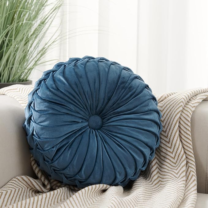 Round Throw Pillow Velvet Home Decoration Soft Pleated Pumpkin Round Floor Cushion for Couch Chair Bed Car Decorative (Gray14inch)