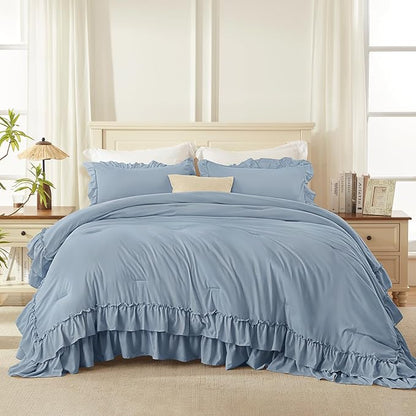 Andency Grayish Blue California King Comforter Set, 3 Pieces Farmhouse Shabby Chic Bedding Comforter Sets, Lightweight Fluffy Soft Microfiber All Season Bed Set(104x96In Comforter)
