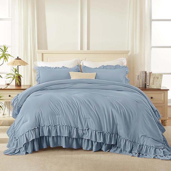 Andency Grayish Blue Twin Size Comforter Set, 2 Pieces Boho Lightweight Fluffy Ruffle Bedding Set & Collections, All Season Soft Microfiber Farmhouse Shabby Chic Bed Set for Kids
