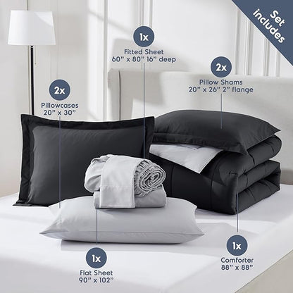 Nestl 7 Piece Queen Comforter Set – Black Reversible Bed in a Bag – Complete Queen Size Bedding Set with Sheets, Pillowcases and Shams