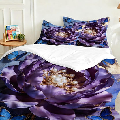 Floral Butterfly Bedding Set King Size 3PCs Gold Purple Blue Marble Flower Bedding Set for Kids Girls Women Marbled Purple Blue Gold Bed Set Soft Marbling Art Quilt Set with 2 Pillowcases