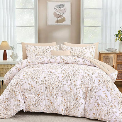 WONGS BEDDING Queen Size Comforter Set, 8 Pieces Autumn Leaf Floral Bed in a Bag Comferter Sets, Botanical Print Soft Fluffy Microfiber Complete Bedding Sets for All Season (90"x90")