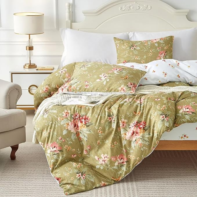 mixinni Floral Comforter Set Twin XL Size Green, 3 Pieces Garden Style Botanical Flowers Leaves Comforter Set, Soft Fluffy Reversible Farmhouse Boho Comforter and 2 Pillowcases for All Season