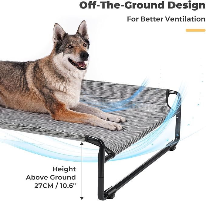 Veehoo Raised Dog Beds for Large Dogs, Washable Dog Cot with Headrest Sides, Outdoor Elevated Dog Bed with Non-Skid Feet, Breathable Mesh, Cooling Pet Hammock for Indoor or Camping, 49", Black Silver