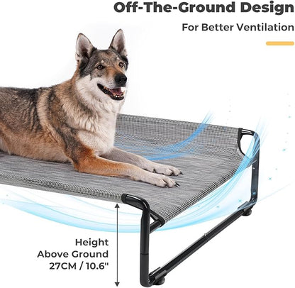Veehoo Raised Dog Beds for Large Dogs, Washable Dog Cot with Headrest Sides, Outdoor Elevated Dog Bed with Non-Skid Feet, Breathable Mesh, Cooling Pet Hammock for Indoor or Camping, 49", Black Silver