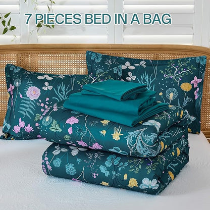 Yiran Teal Blue Comforter Set King Size, 7 Piece Floral Botanical Comforter Bedding Set, Farmhouse Bed in a Bag, Soft Microfiber Complete Bedding Set with Sheets for All Season