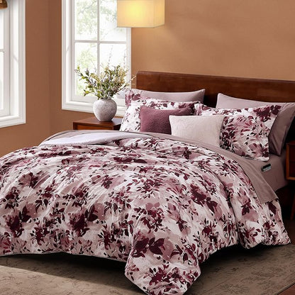 CASAAGUSTO King Comforter Set, 7 PCS Purple Willow Leaf Floral Comforter Set with Flowers Leaves Pattern, Soft Seersucker Design All Season King Size Bedding Set(102"X90")