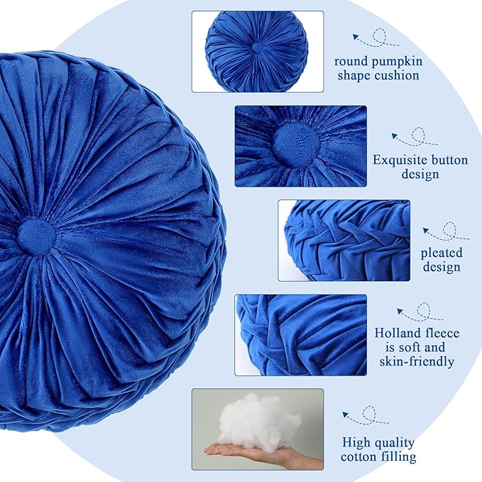 1 Pcs Round Throw Pillows Decorative Velvet Pleated Throw Pillows 15'' Diameter Accent Pumpkin Boho Chair Cushion for Couch Sofa Chair Bed Home Decoration (Navy Blue)
