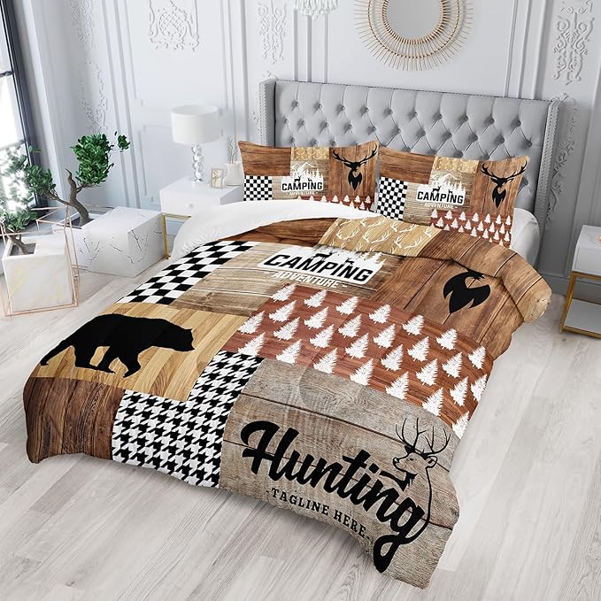 Bear and Deer Comforter Set King Size,Camping Camo Wild Animals Hunting Bedding Set for Kids Teens and Adults Soft Microfiber All Season(1 Comforter & 2 Pillowcases)