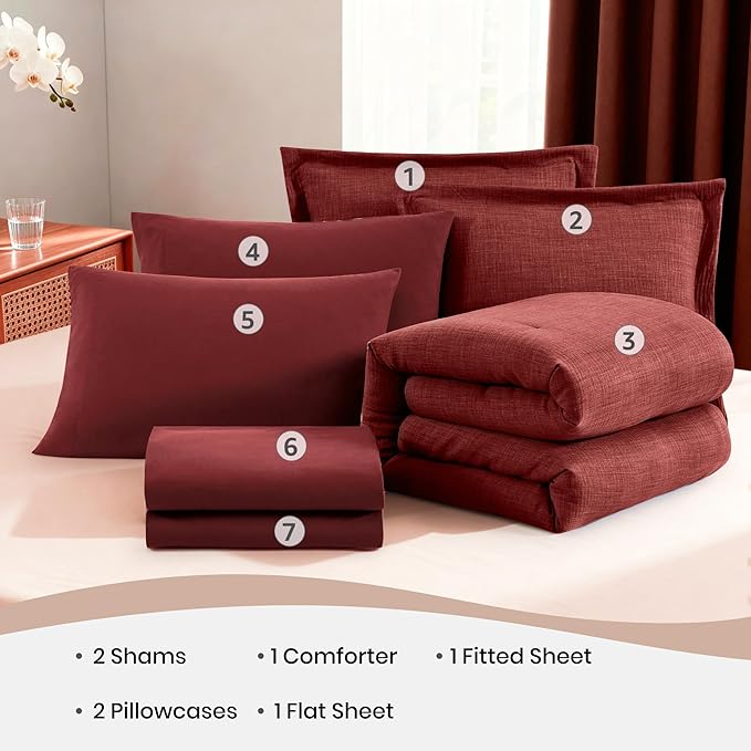Geniospin King Comforter Set - 7 Pieces Comforter King Size, Soft Solid Bedding Set for All Season, Dark Red Textured Bed in a Bag with Sheets, Pillowcases & Shams