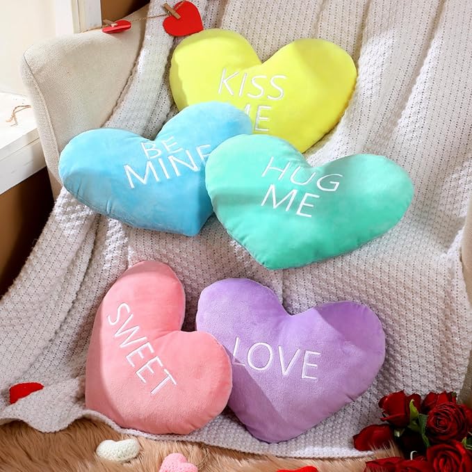 5 Pcs Valentine Heart Shape Pillow Conversation Heart Pillow Candy Cute Love Words Shaped Pillow Soft Throw Pillow Plush Cushion for Girls Friends Children Gift Living Dining Room