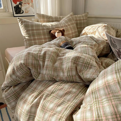 mixinni Twin XL Comforter Set, Green Buffalo Plaid Bedding Set 3-Piece, Vintage Geometric Pattern, Lightweight & Fluffy Comforter, Soft Breathable Grid Bed Set for All-Season,(Green, Pink, White)