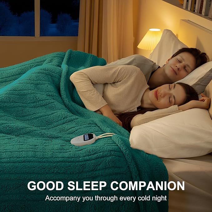 Electric Blanket King Size Single Control - 100"X90" Soft Double Sided Sherpa Heated Blanket with 6 Heating Levels & 10 hrs Timer Settings, Washable & ETL Certified for Bed, Green