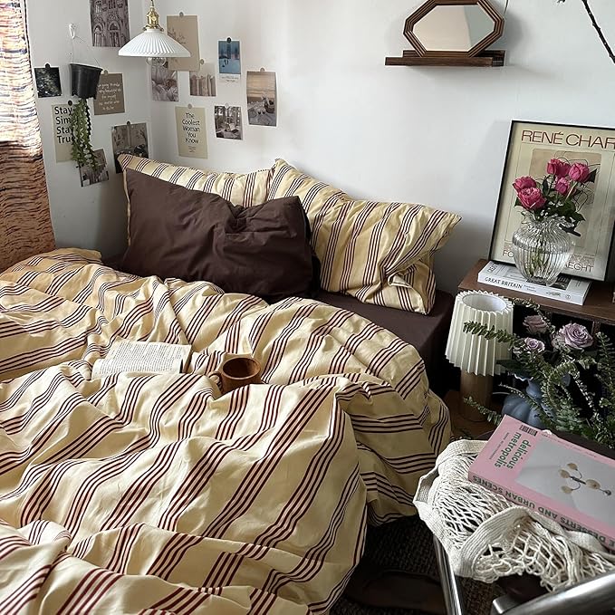 mixinni Vintage Striped Comforter Set Queen Size - Soft Cotton 3-Piece Boho Bedding Set (1 Comforter+ 2 Pillowcases), Rustic Red-Brown Geometric Stripes, Ultra-Soft & Breathable for All Seasons