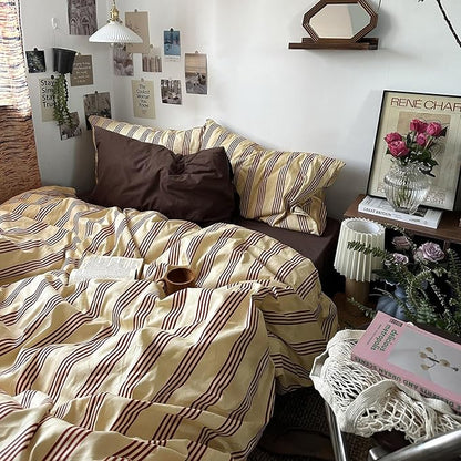 mixinni Vintage Striped Comforter Set Twin XL Size - Soft Cotton 3-Piece Boho Bedding Set (1 Comforter+ 2 Pillowcases), Rustic Red-Brown Geometric Stripes, Ultra-Soft & Breathable for All Seasons