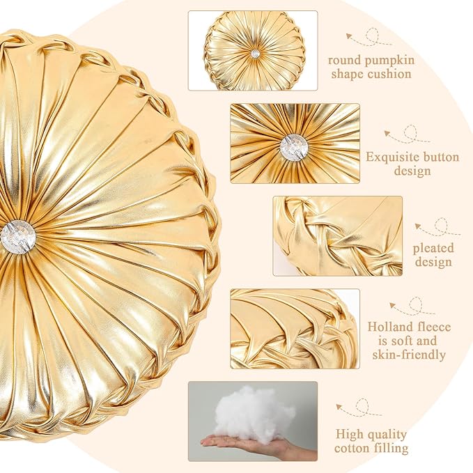 4 Pcs Round Throw Pillows Decorative Polyester Pleated Throw Pillows 15'' Diameter Accent Pumpkin Boho Chair Cushion for Couch Sofa Chair Bed Home Decoration (Gold)