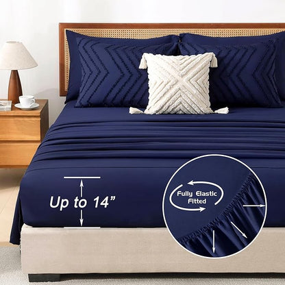Litanika King Size Comforter Set with Sheets Navy Blue - 7 Pieces Bed in a Bag King Chevron Tufted Complete Bedding Sets with Comforter, Sheets, Pillowcases & Shams