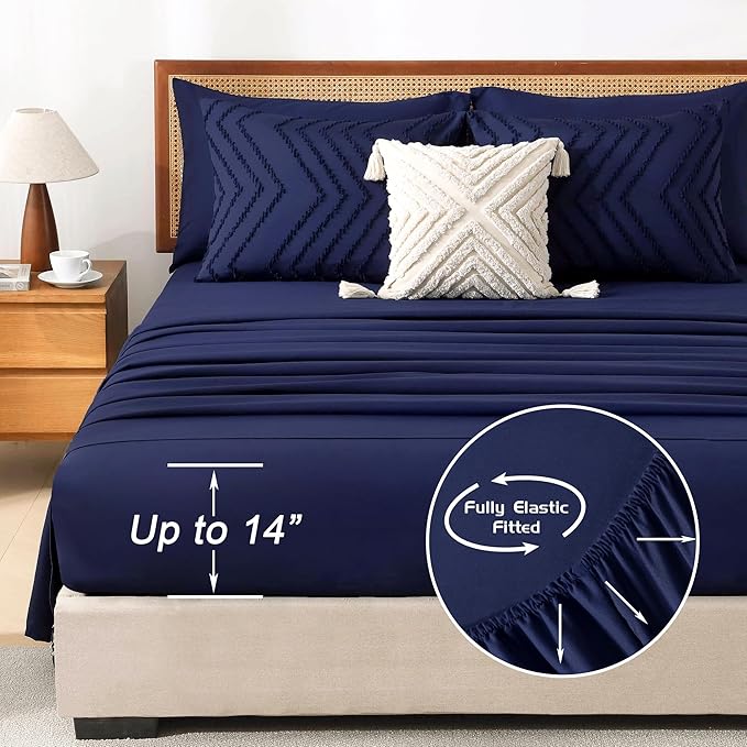 Litanika Full Size Comforter Set with Sheets Navy Blue - 7 Pieces Bed in a Bag Full Chevron Tufted Complete Bedding Sets with Comforter, Sheets, Pillowcases & Shams