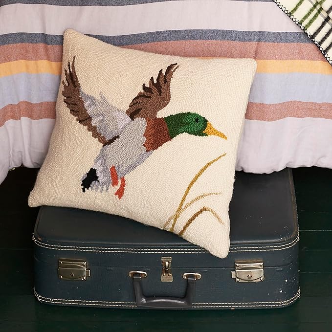 Camp Wandawega Mallard Wool Hook Throw Pillow, Vintage Lodge Decorative Pillow, Oblong 16x20