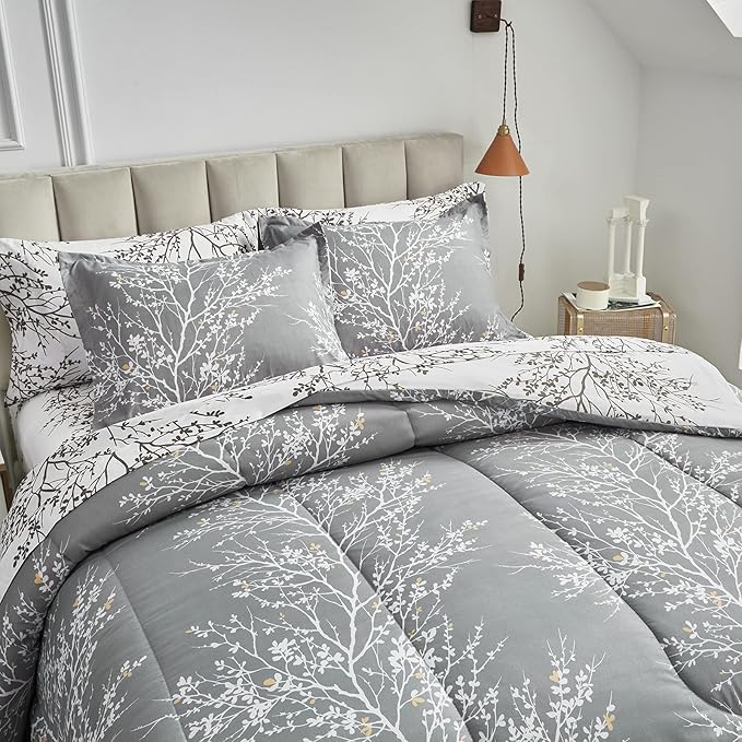 UOZZI BEDDING Bed in a Bag 7 Pieces Queen Size Gray Branches with Yellow Dots - Soft Microfiber Reversible Bed Comforter Set (1 Comforter 2 Pillow Shams 1 Flat Sheet 1 Fitted Sheet 2 Pillowcases)