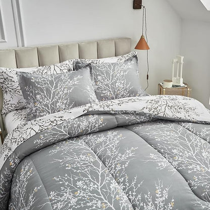 UOZZI BEDDING Bed in a Bag 7 Pieces Queen Size Gray Branches with Yellow Dots - Soft Microfiber Reversible Bed Comforter Set (1 Comforter 2 Pillow Shams 1 Flat Sheet 1 Fitted Sheet 2 Pillowcases)