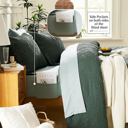 Geniospin King Size Comforter Set - 7 Pieces Dark Green Bedding Set, Botanical Textured Comforter Bed Set, All Season Lightweight Bed in a Bag with Comforter, Sheets, Pillowcases & Shams