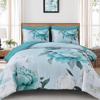 Dobuyly Floral Comforter Set King Size 7 Piece Bed in a Bag, Aqua Flowers on Light Blue Comforter Set with Sheets, Soft Microfiber Botanical Complete Bedding Set for All Season