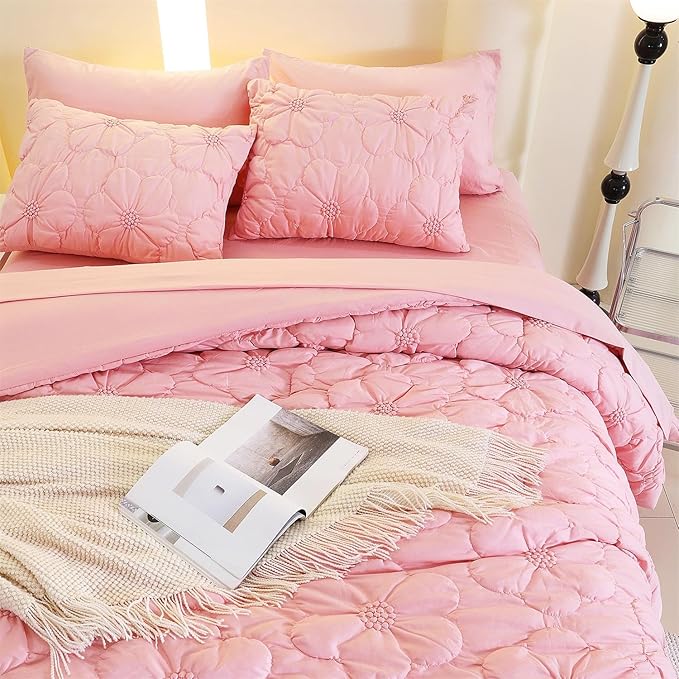 Pink Pinch Pleat Comforter Set Queen Size-7 Pieces Bedding Comforter Bed in A Bag-Lightweight Microfiber Bedding Set with Comforter,Fitted Sheet,Flat Sheet and Pillow Shams-90 x90