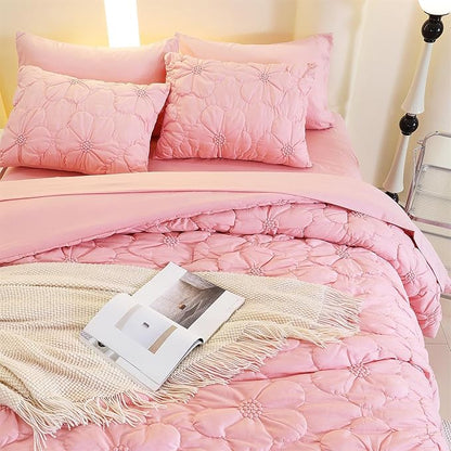 Pink Pinch Pleat Comforter Set King Size-7 Pieces Bedding Comforter Bed in A Bag-Lightweight Microfiber Bedding Set with Comforter,Fitted Sheet,Flat Sheet and Pillow Shams-104 x90