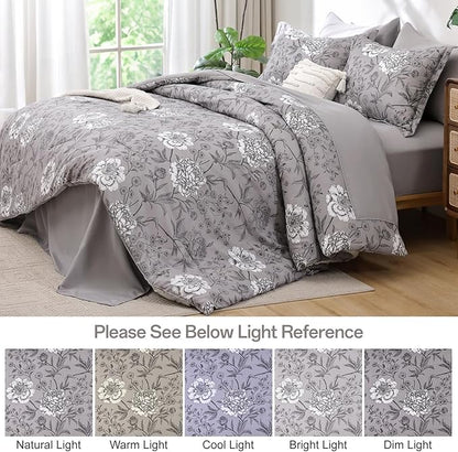 Yiran 7 Piece Bed in a Bag White Floral Comforter Set Grey Flower Bedding Set Leaves Botanical Soft Microfiber Comforter with Flat Sheet Fitted Sheet for All Season(King 104"×90")