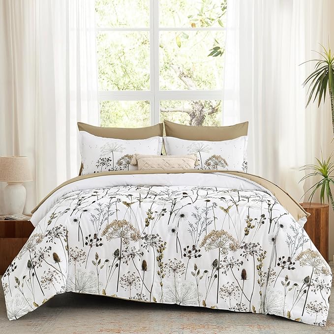 Yiran Khaki Floral Comforter Set King Size, 7 Piece Dandelion Botanical Plant Comforter Bedding Set, Bed in a Bag King, Soft Microfiber Complete Bedding Set with Sheets for All Season