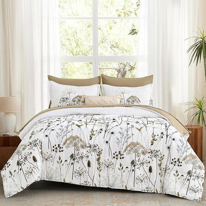 Yiran Khaki Floral Comforter Set Queen Size, 7 Piece Dandelion Botanical Plant Comforter Bedding Set, Bed in a Bag Queen, Soft Microfiber Complete Bedding Set with Sheets for All Season