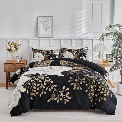 mixinni Floral Comforter Set Full Size,3 Pieces Botanical Bedding Comforter Sets, White Flowers and Gold Leaves Printed on Black, Soft Fluffy Reversible Farmhouse Boho Comforter for All Season