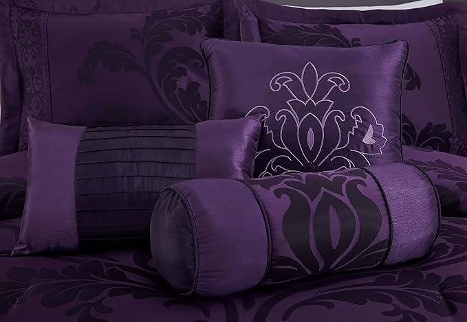 Chezmoi Collection 7-Piece Jacquard Floral Comforter Set (California King, Purple/Dark Purple)