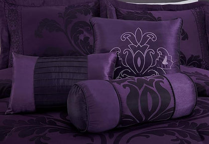 Chezmoi Collection 7-Piece Jacquard Floral Comforter Set (California King, Purple/Dark Purple)